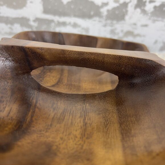 Monkey Pod Wood Basket‎ Bowl With Serving Spoons Hand Carved Scalloped Seashell - Picture 5 of 13